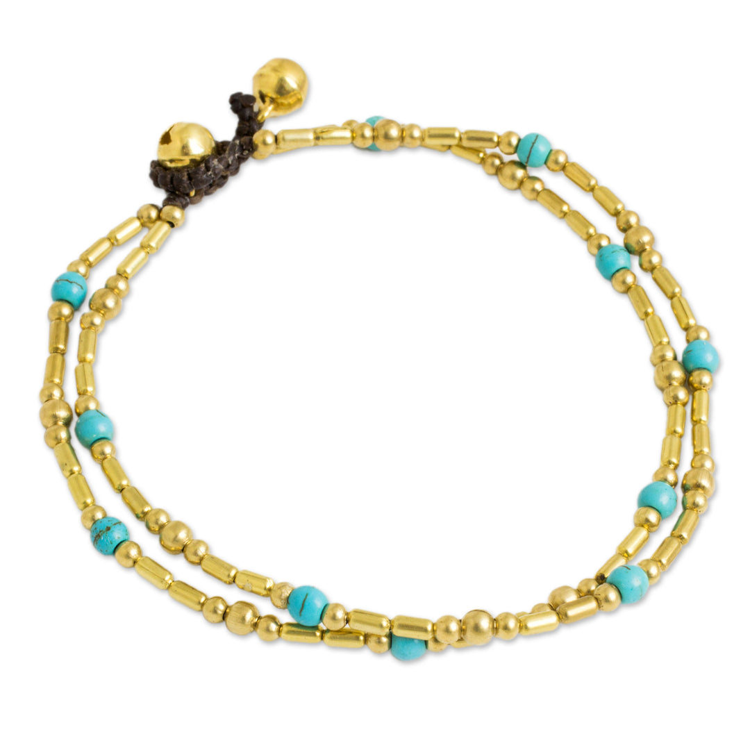 Thailand Blue Calcite Double Strand Brass Bead Anklet - Golden Bell