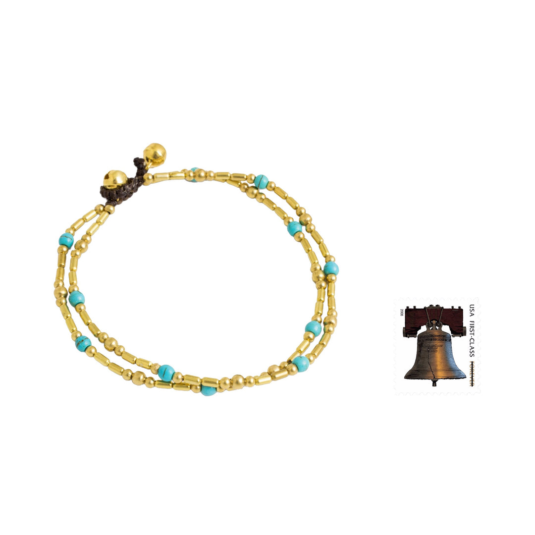 Thailand Blue Calcite Double Strand Brass Bead Anklet - Golden Bell