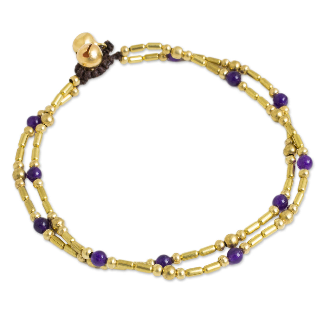 Handcrafted Purple Quartz and Brass Bead Anklet - Golden Bell