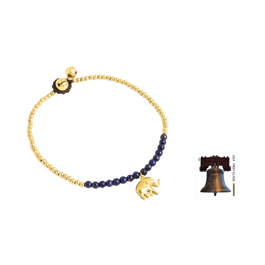 Lapis Lazuli Elephant Charm Beaded Brass Anklet - Stylish Elephant