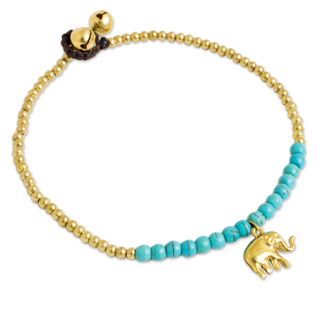 Blue Calcite Elephant Charm Beaded Brass Anklet - Stylish Elephant