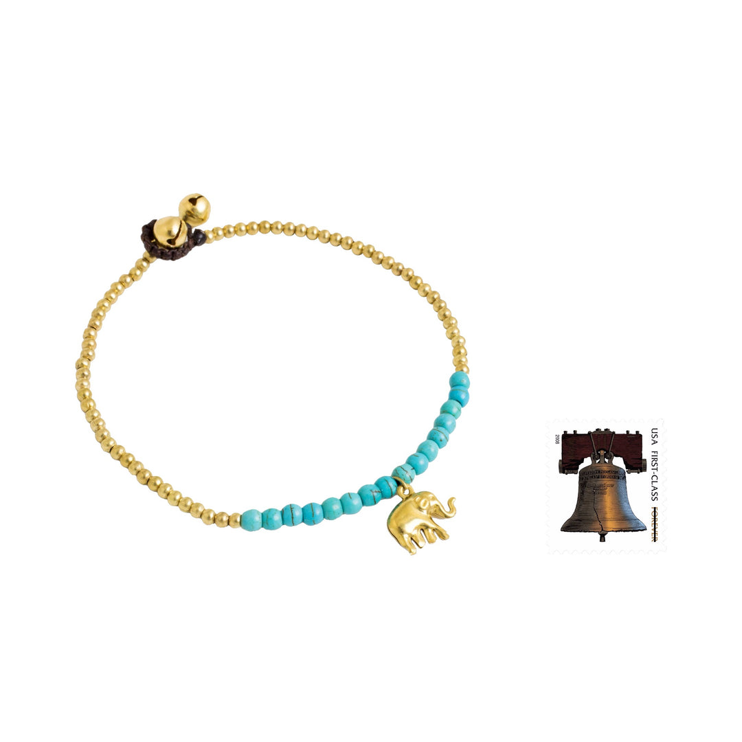 Blue Calcite Elephant Charm Beaded Brass Anklet - Stylish Elephant