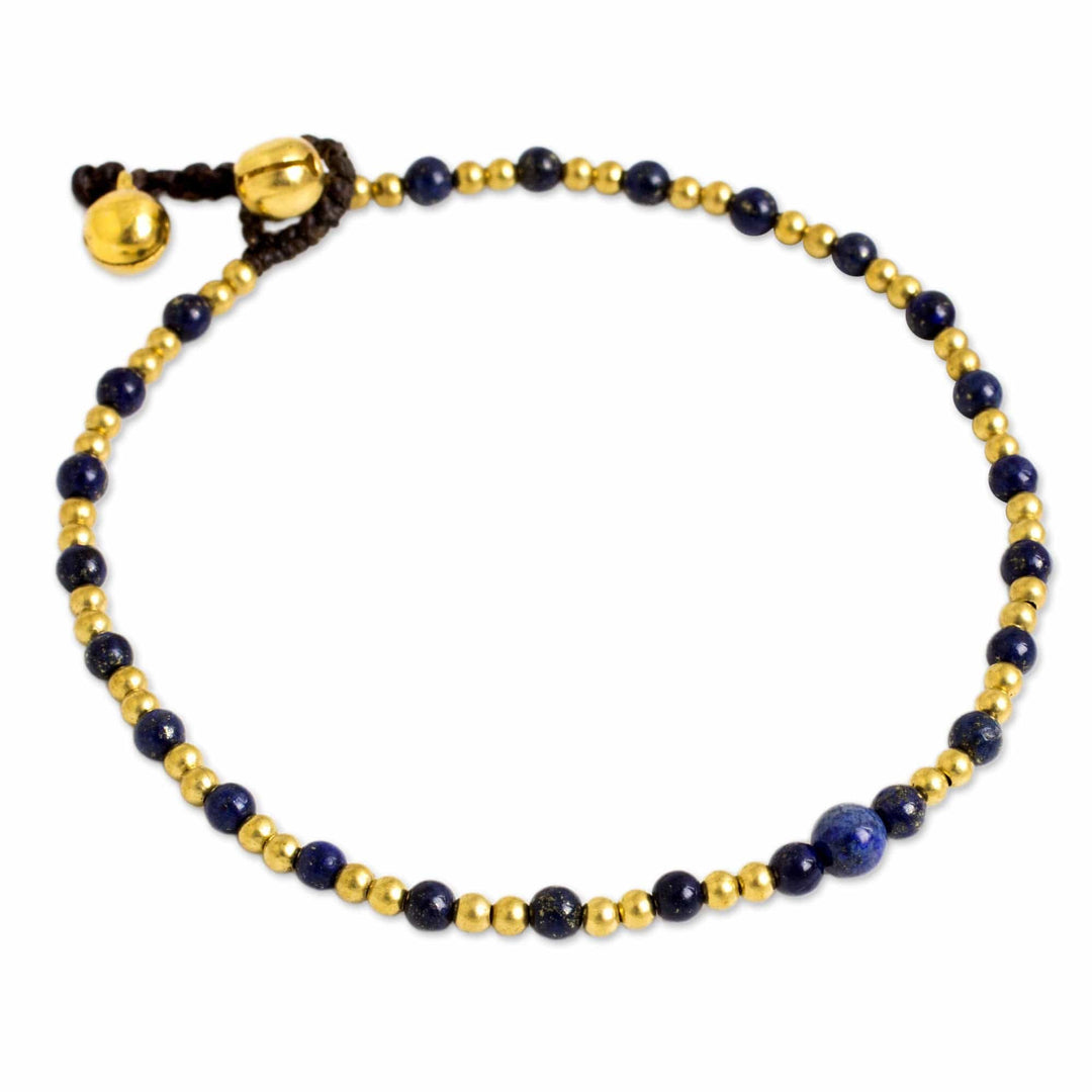 Single Strand Brass Bead Anklet with Lapis Lazuli - Cheerful Walk