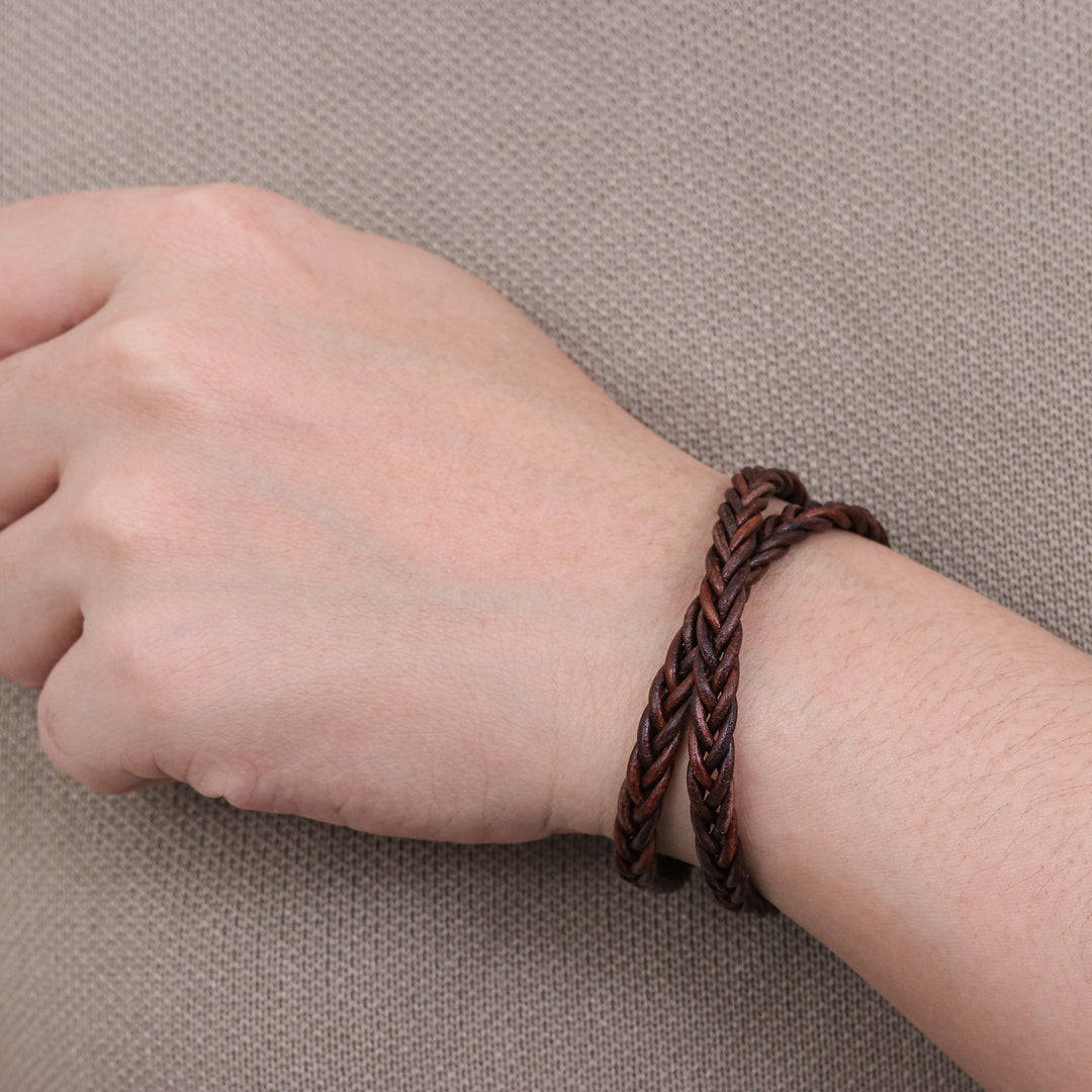 Men's Hand Braided Brown Leather Wrap Bracelet - Double Cinnamon