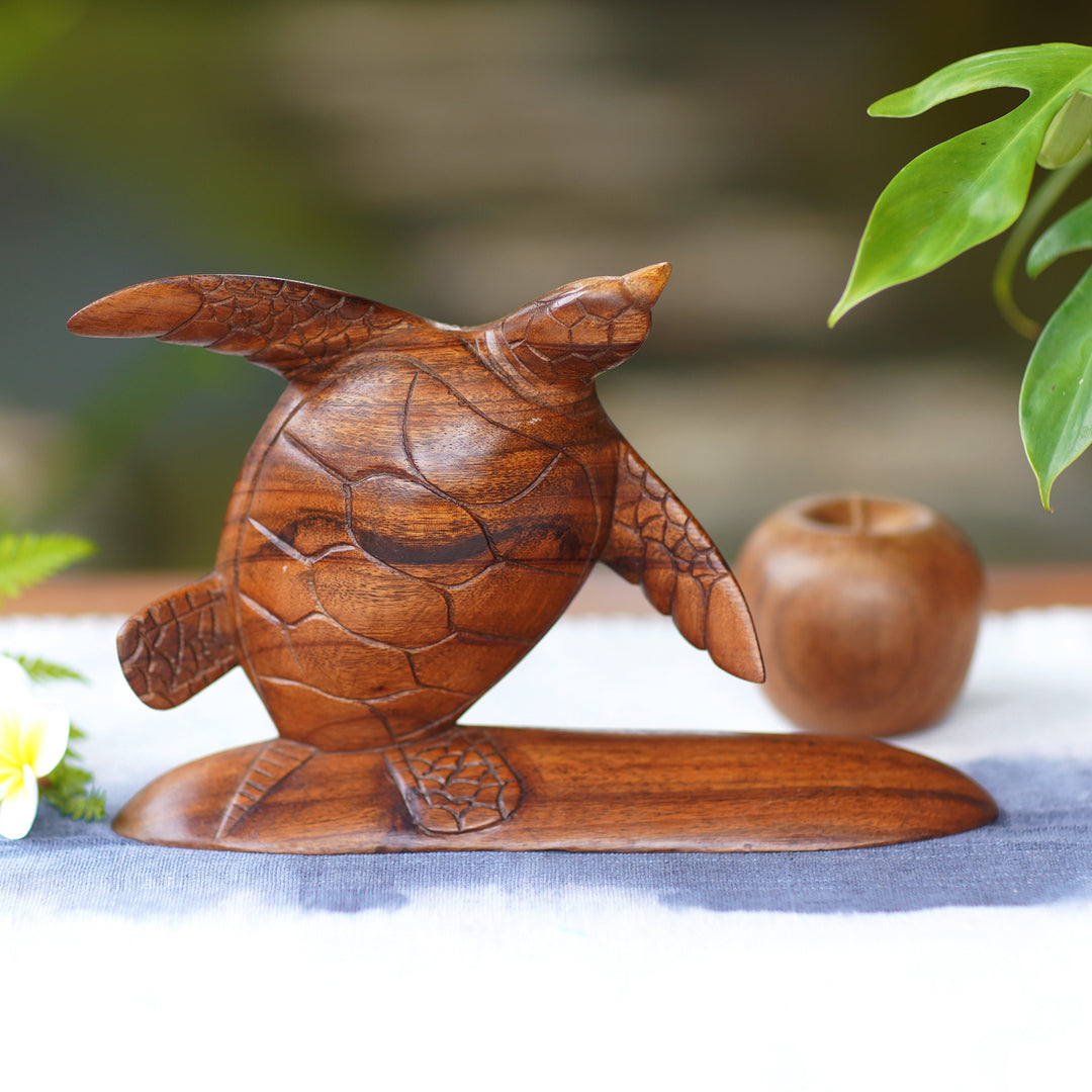 Hand Carved Wood Sculpture Turtle on Surf Board from Bali - Surfer Turtle