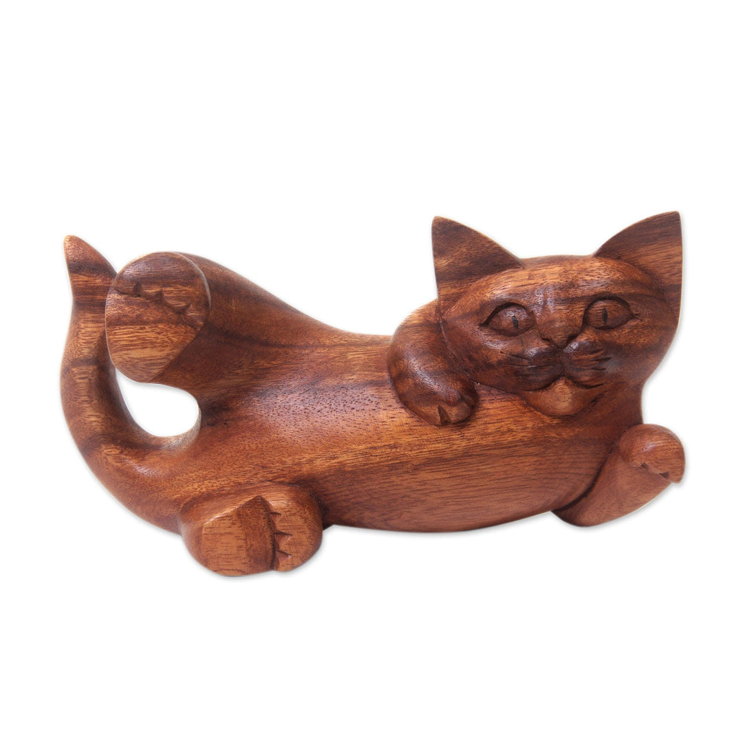 Balinese Signed Hand Carved Cat Sculpture in Wood - Naughty Kitty
