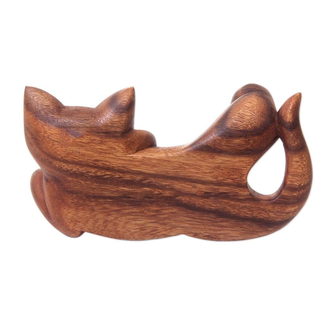 Balinese Signed Hand Carved Cat Sculpture in Wood - Naughty Kitty