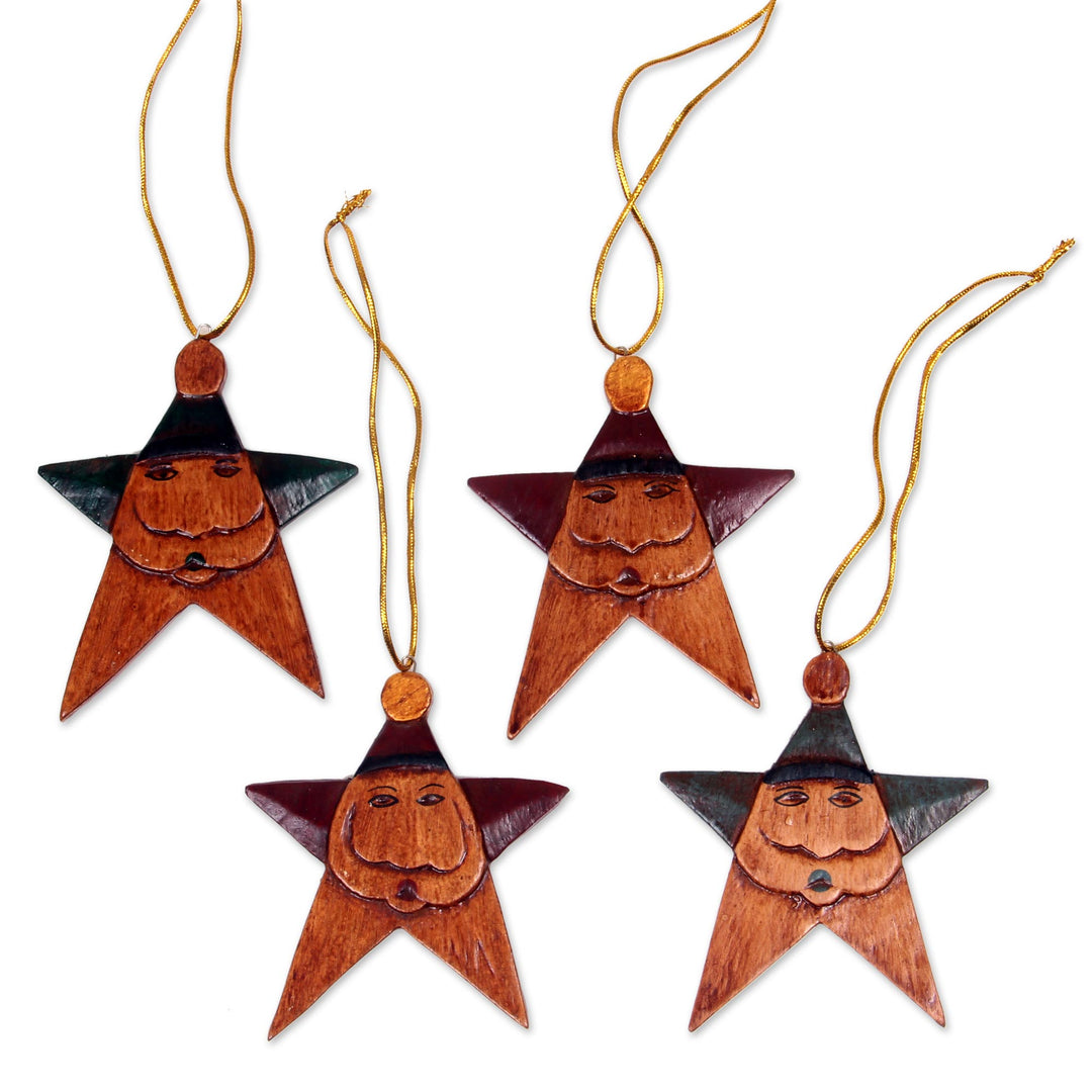 Santa Claus Star Ornaments in Maroon and Green (Set of 4) - Maroon Green Santa Stars