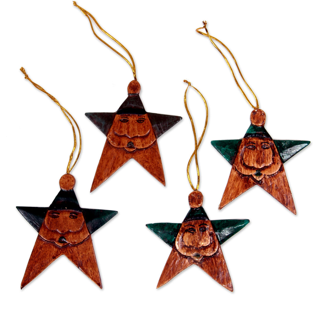 Green Santa Stars Wood Ornaments Handmade in Bali (Set of 4) - Green Santa Stars