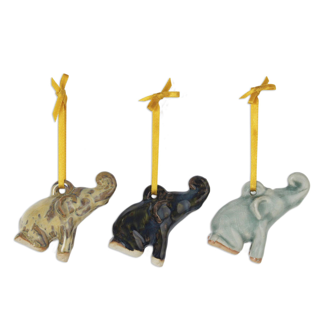 Artisan Crafted Ornaments in Celadon Ceramic (Set of 3) - Holiday Elephants