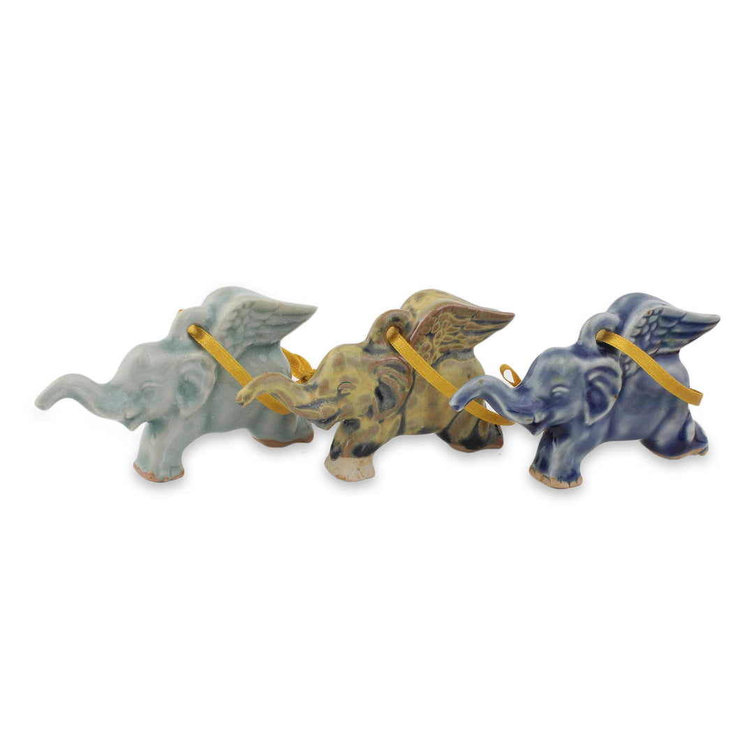 Hand Crafted Ornaments in Celadon Ceramic (Set of 3) - Flying Elephants