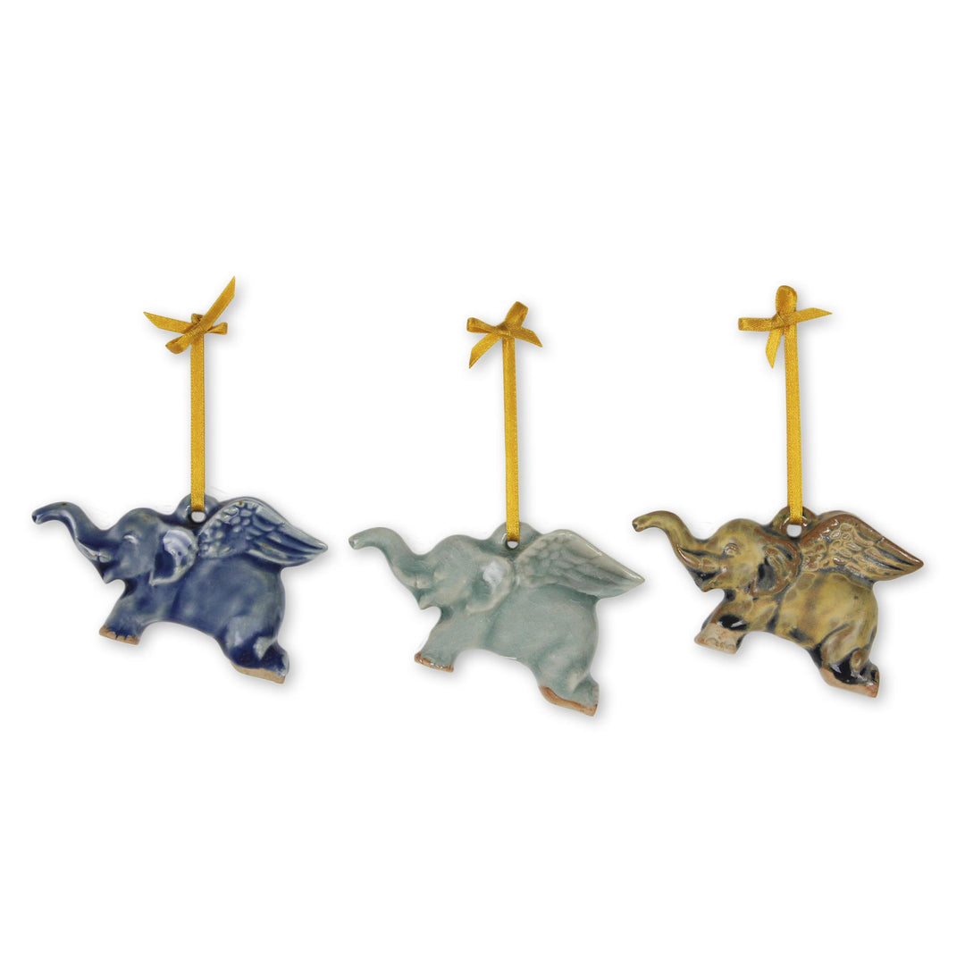 Hand Crafted Ornaments in Celadon Ceramic (Set of 3) - Flying Elephants