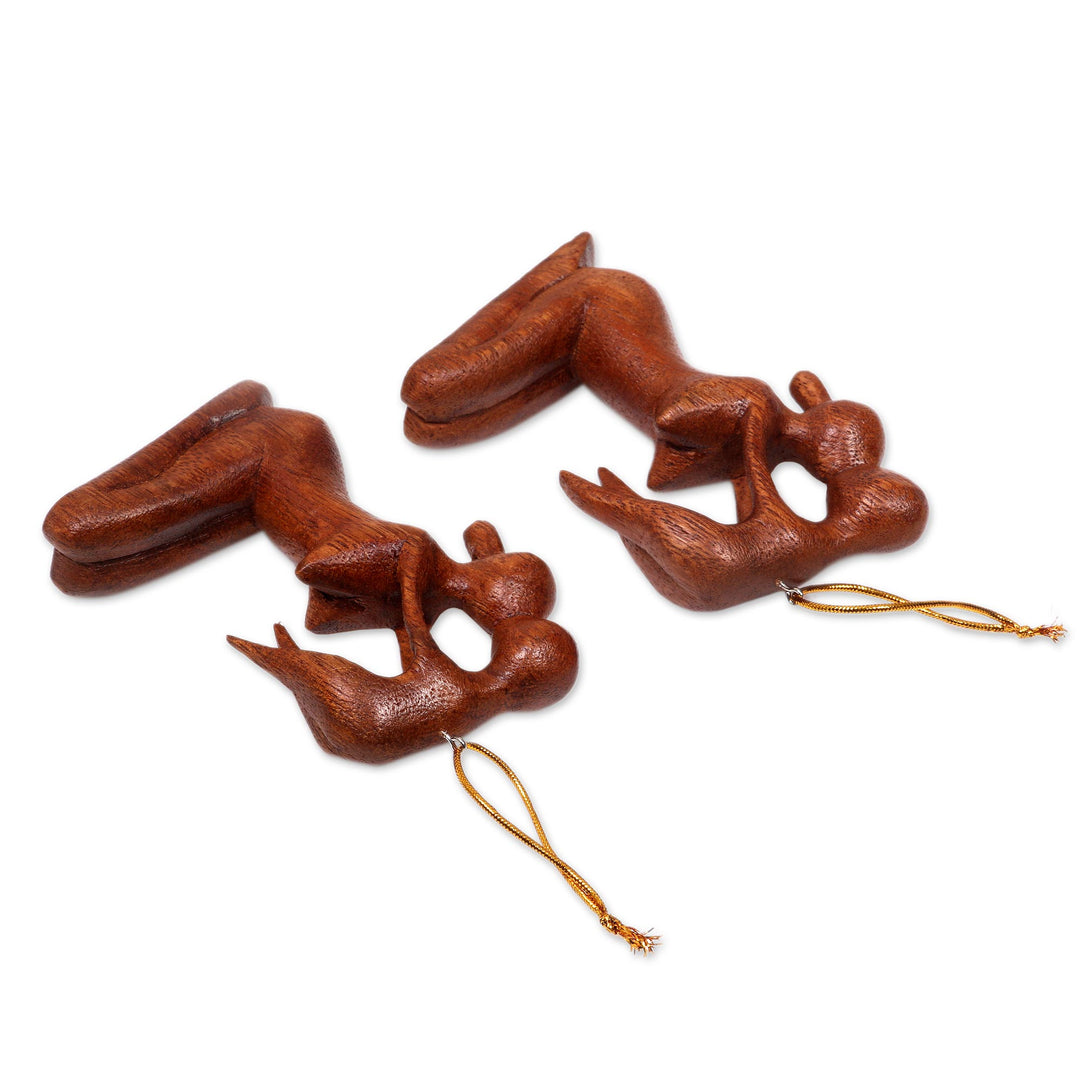 Playful Mother and Baby Ornaments Hand Carved Wood (Pair) - Gentle Touch of a Mother