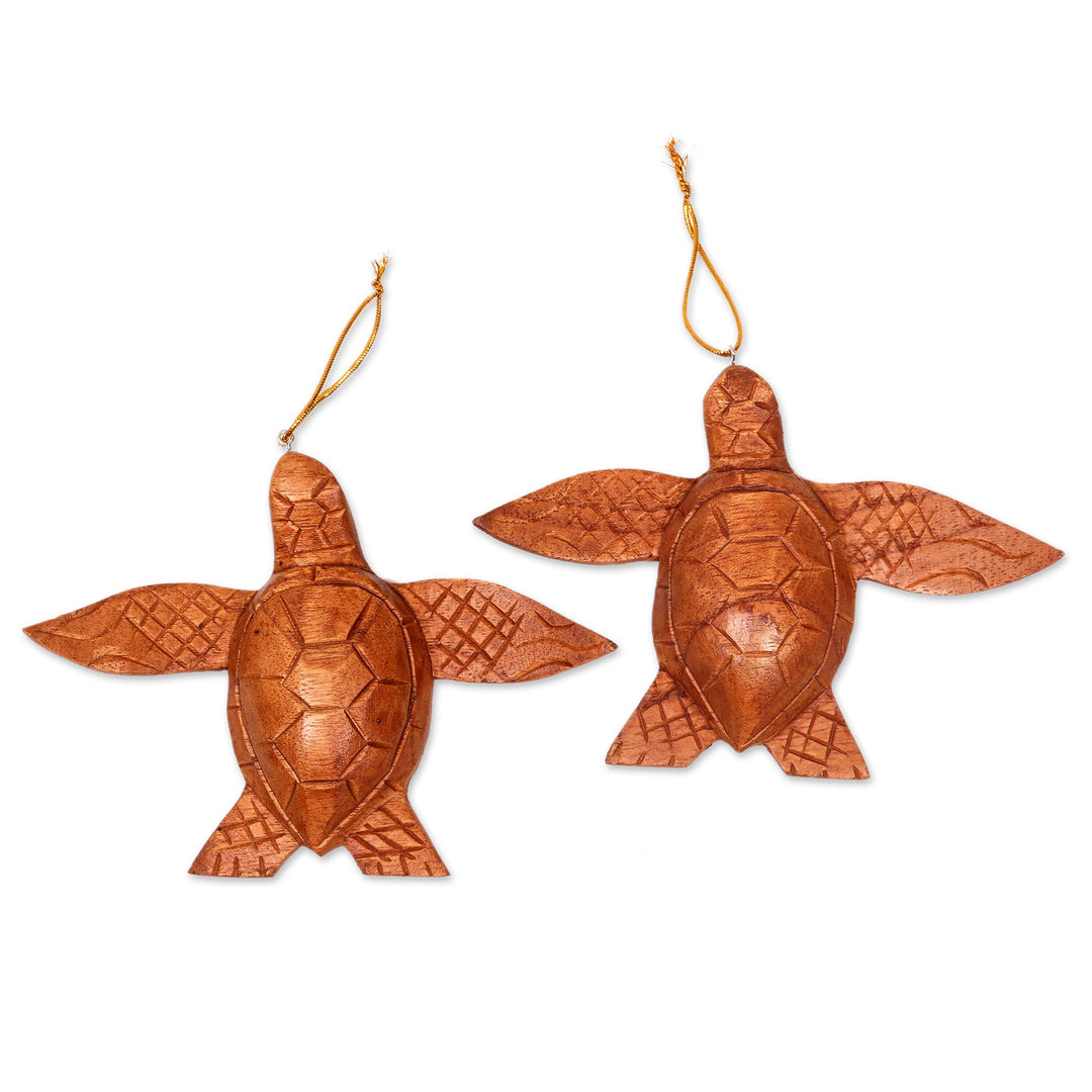 2 Turtle Wood Ornaments Artisan Crafted in Indonesia - Patient Turtle