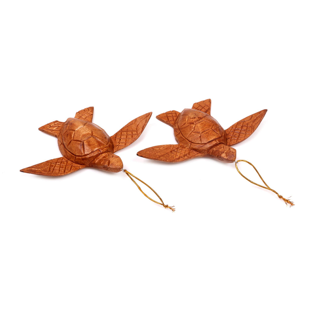 2 Turtle Wood Ornaments Artisan Crafted in Indonesia - Patient Turtle