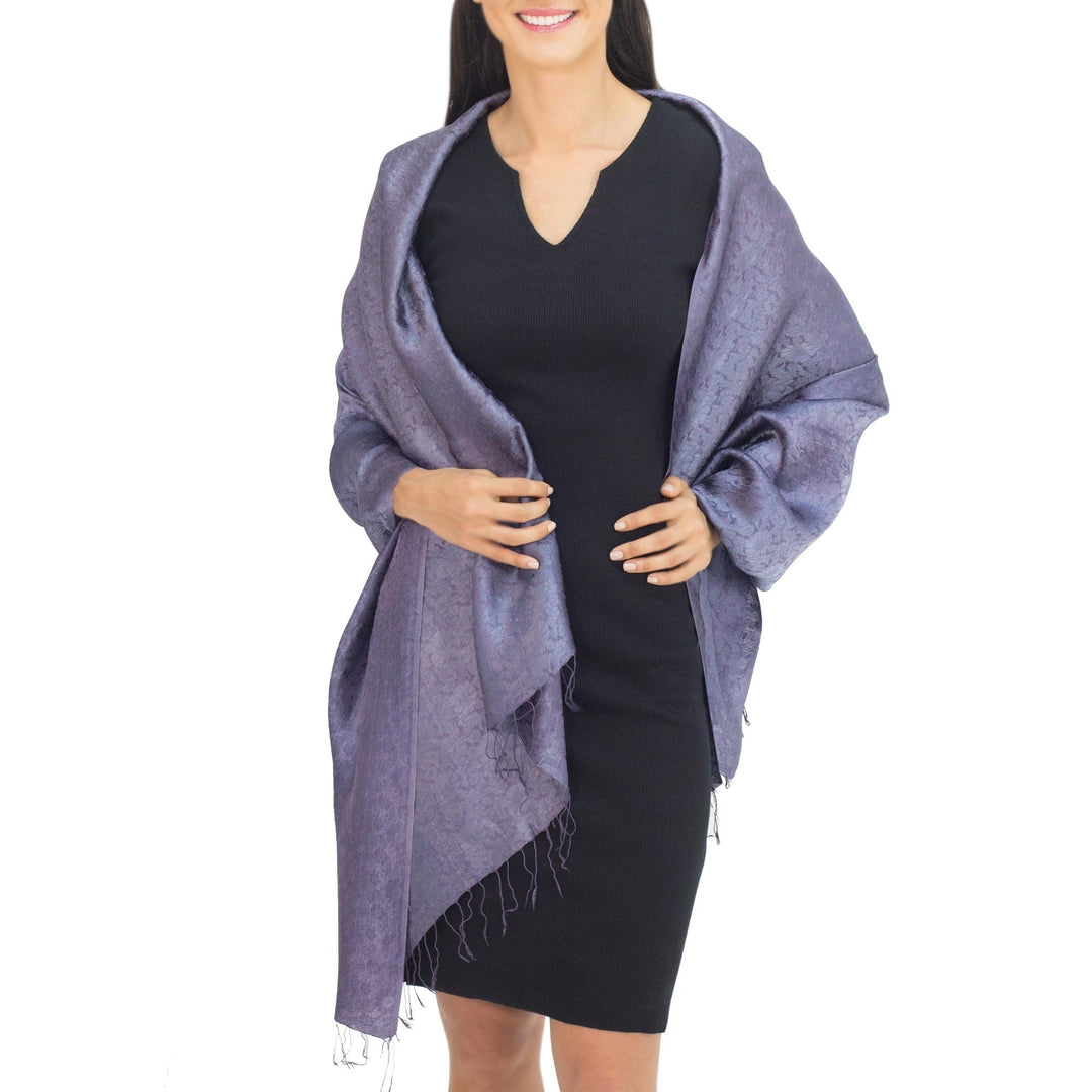 Blue Grey Jacquard Floral Shawl in Rayon and Silk - Mandarin Storm
