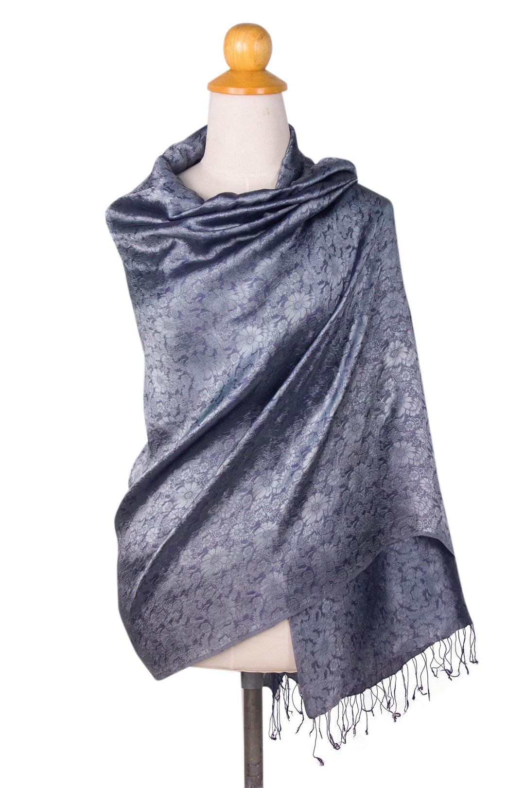 Blue Grey Jacquard Floral Shawl in Rayon and Silk - Mandarin Storm