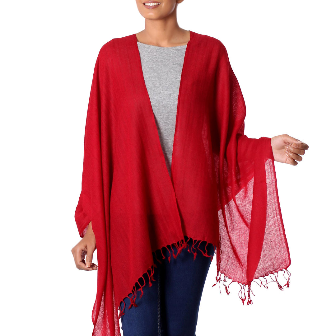 Women's Red All Wool Woven Shawl from India - Valley of Kashmir in Red
