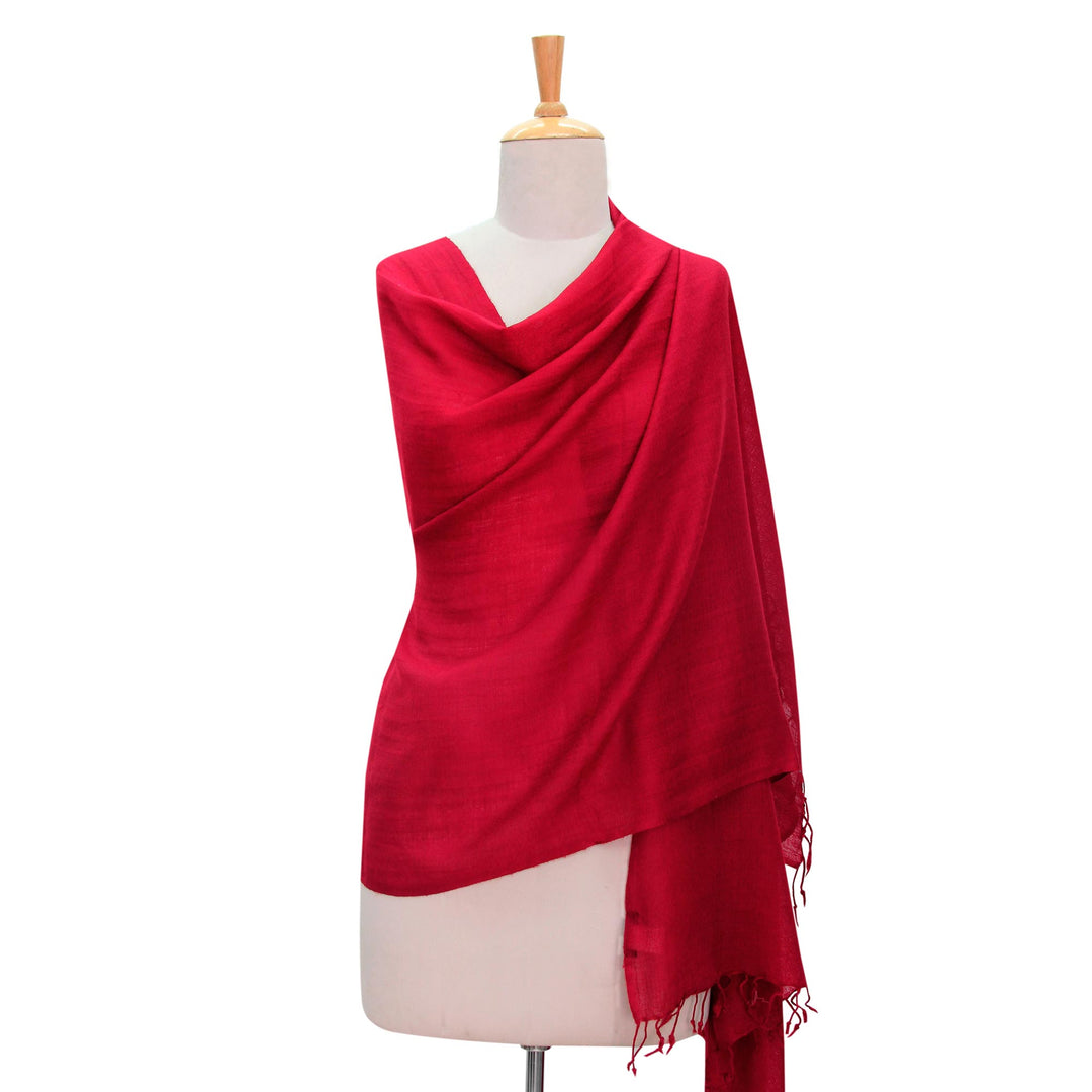 Women's Red All Wool Woven Shawl from India - Valley of Kashmir in Red