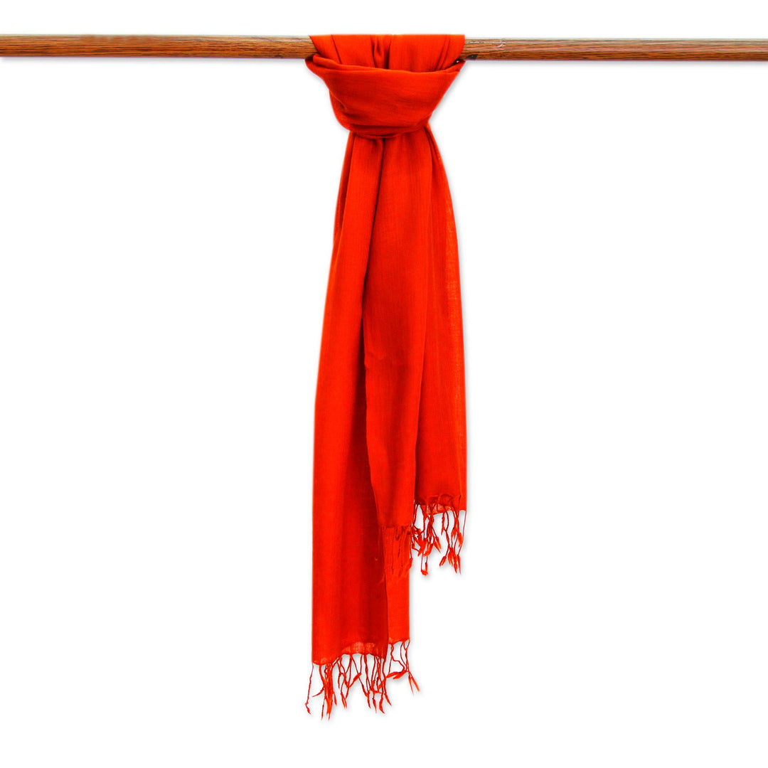 Men's Woven Wool Orange-Red Scarf from India - Kashmiri Fire