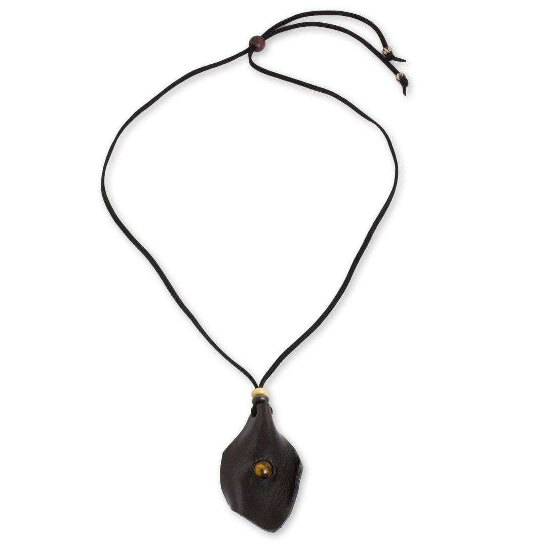 Men's Black Leather Tiger's Eye Pendant Necklace - Thai Cowboy in Black