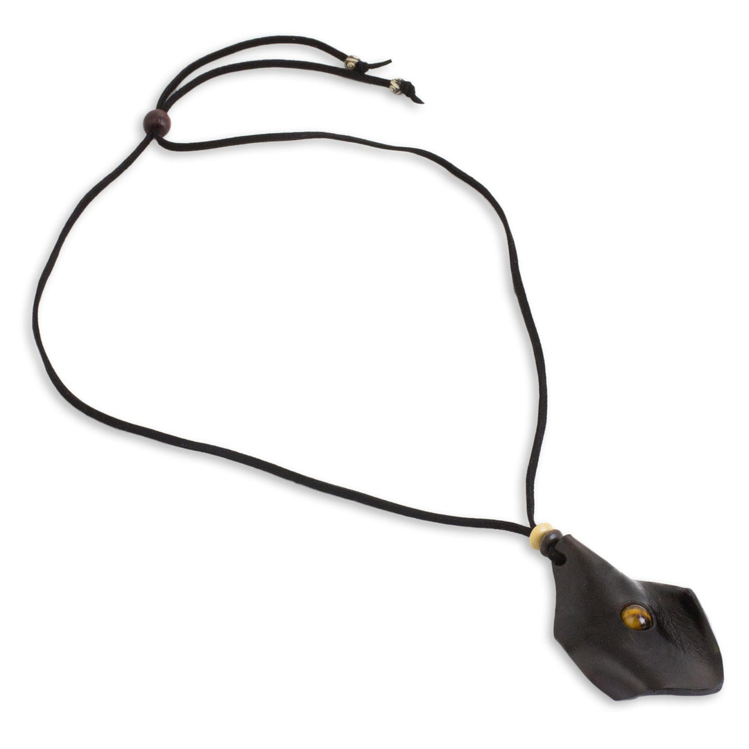 Men's Black Leather Tiger's Eye Pendant Necklace - Thai Cowboy in Black