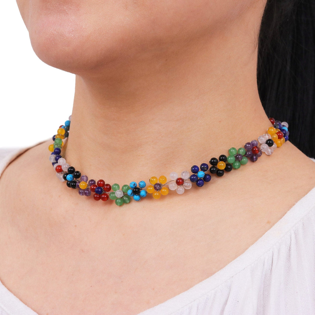 Colorful Multi Gemstone Flower Necklace from Thailand - Rainbow Blooms