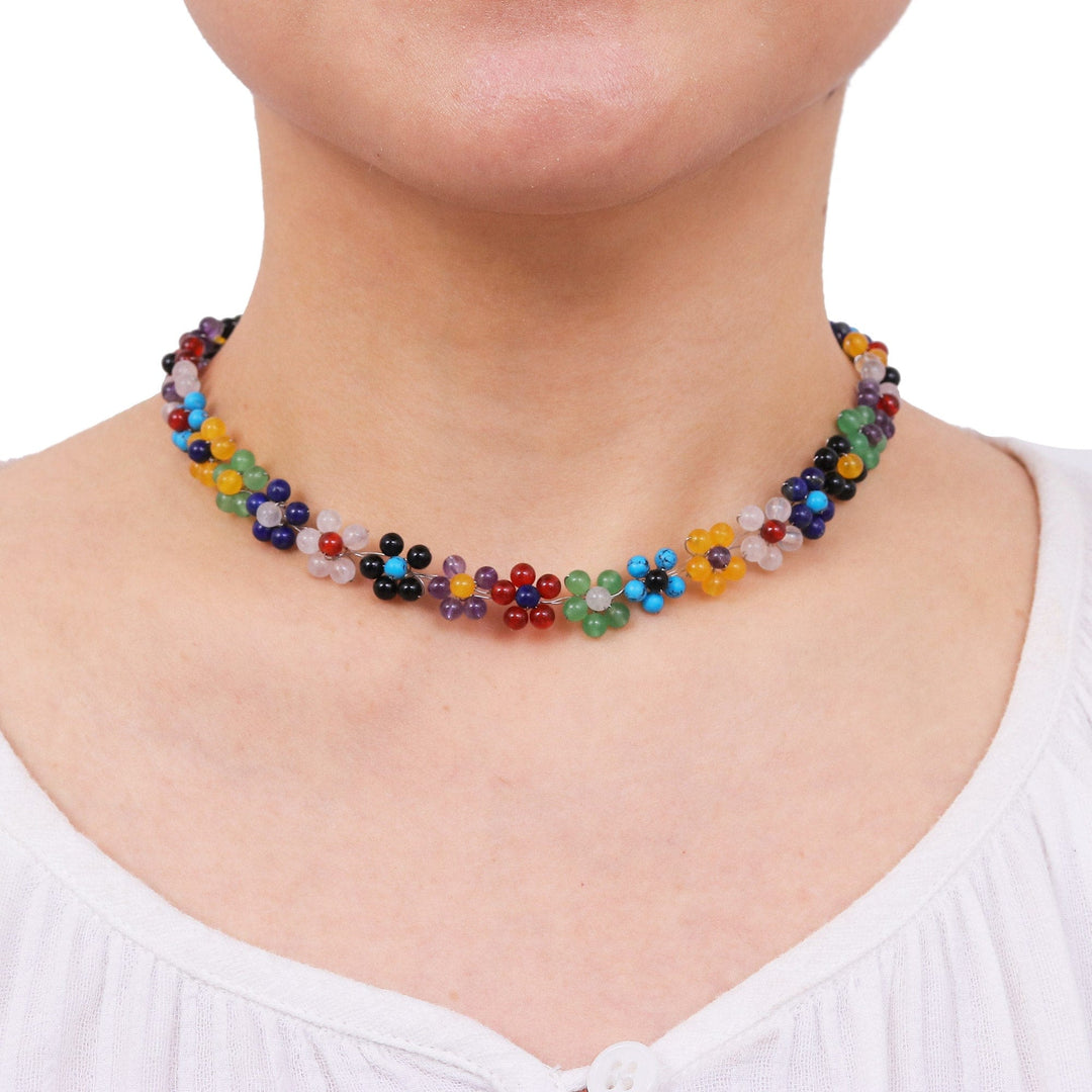 Colorful Multi Gemstone Flower Necklace from Thailand - Rainbow Blooms