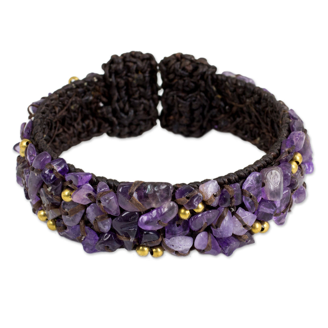 Brown Crocheted Cuff Bracelet with Amethyst Beading - Violet Twilight