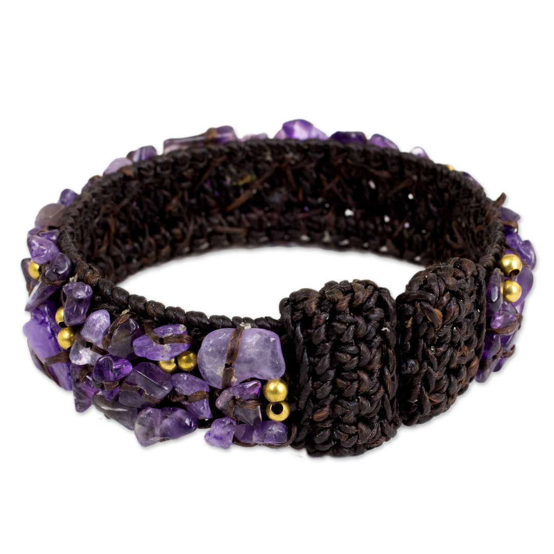 Brown Crocheted Cuff Bracelet with Amethyst Beading - Violet Twilight