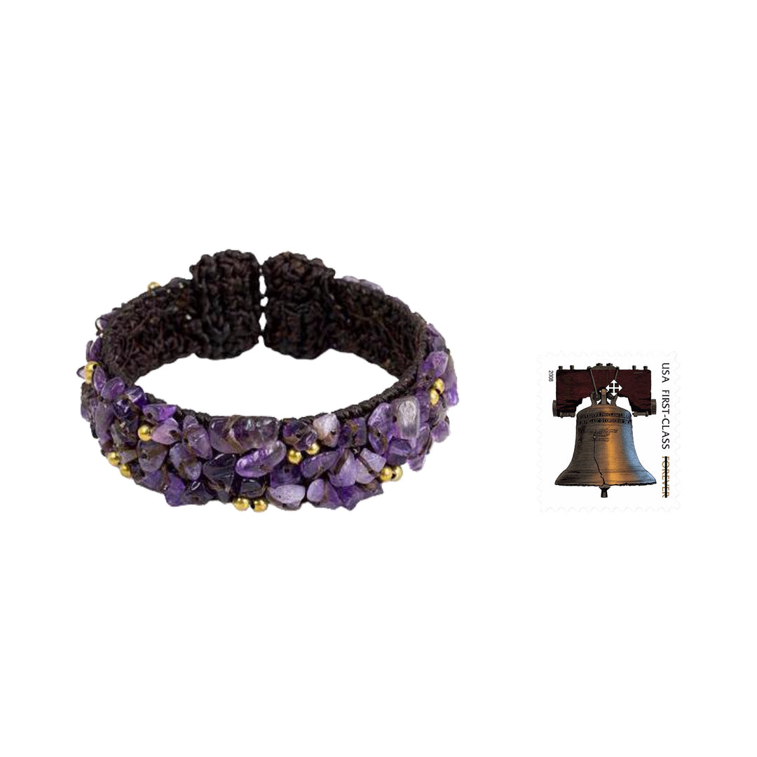 Brown Crocheted Cuff Bracelet with Amethyst Beading - Violet Twilight