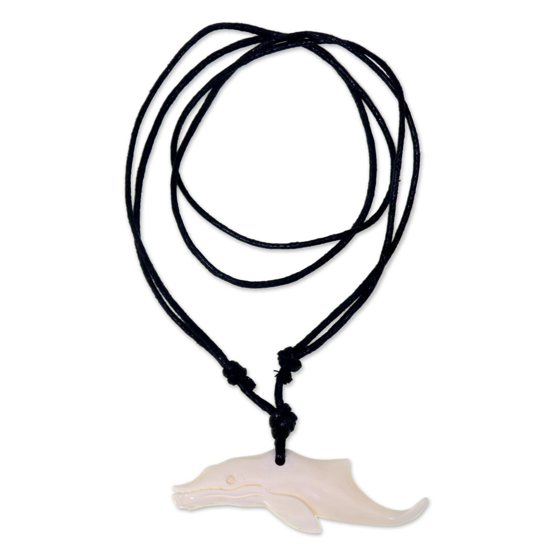 Carved Whale Cow Bone Pendant on Black Cotton Necklace - Handsome Whale