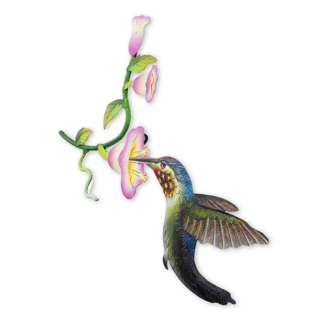 Handcrafted Bird Metal Art for the Wall - Hummingbird and Hollyhocks
