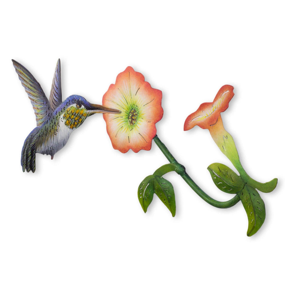 Hummingbird and Flowers Steel Wall Art Crafted by Hand - Exotic Nectar in Orange
