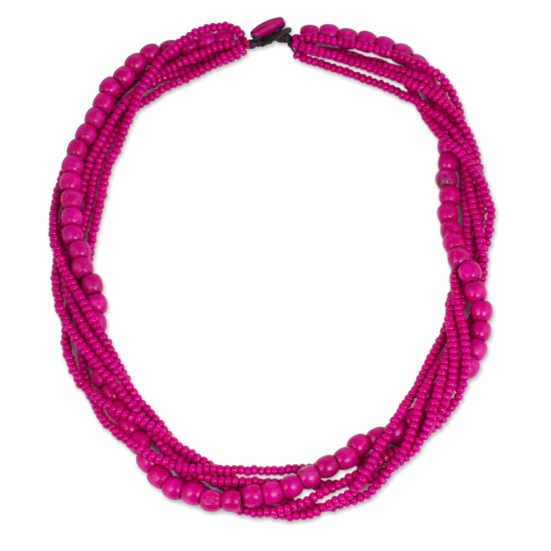 Fair Trade Long Wood Beaded Hot Pink Strand Necklace - Tropical Dance