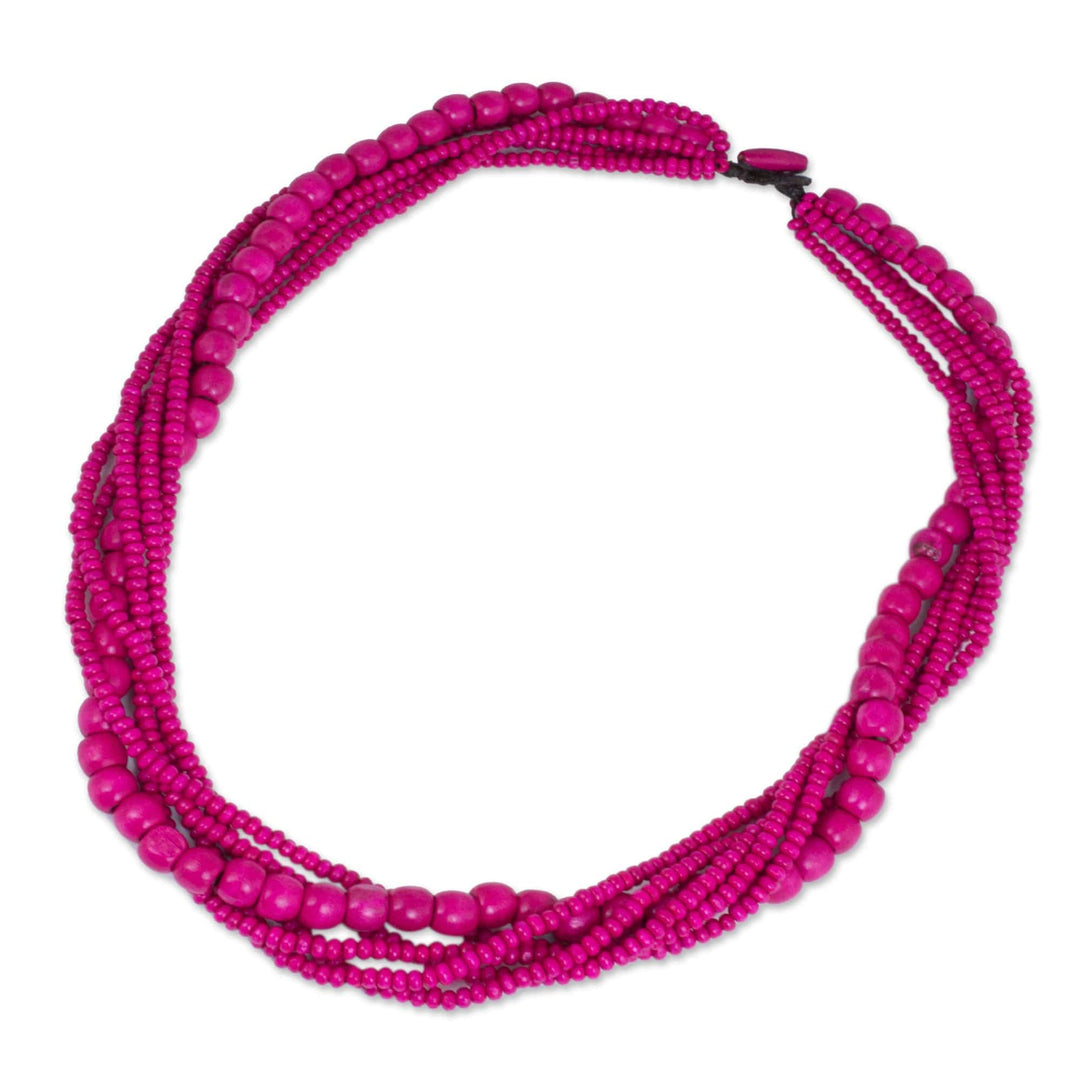 Fair Trade Long Wood Beaded Hot Pink Strand Necklace - Tropical Dance