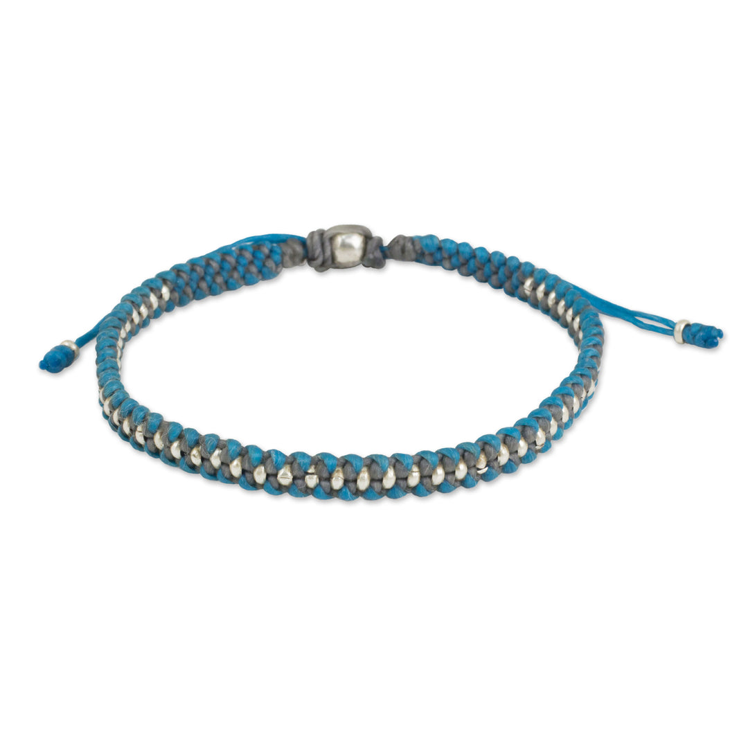 Hand Knotted Macrame Bracelet with Hill Tribe Silver Beads - Blue Grey Progression