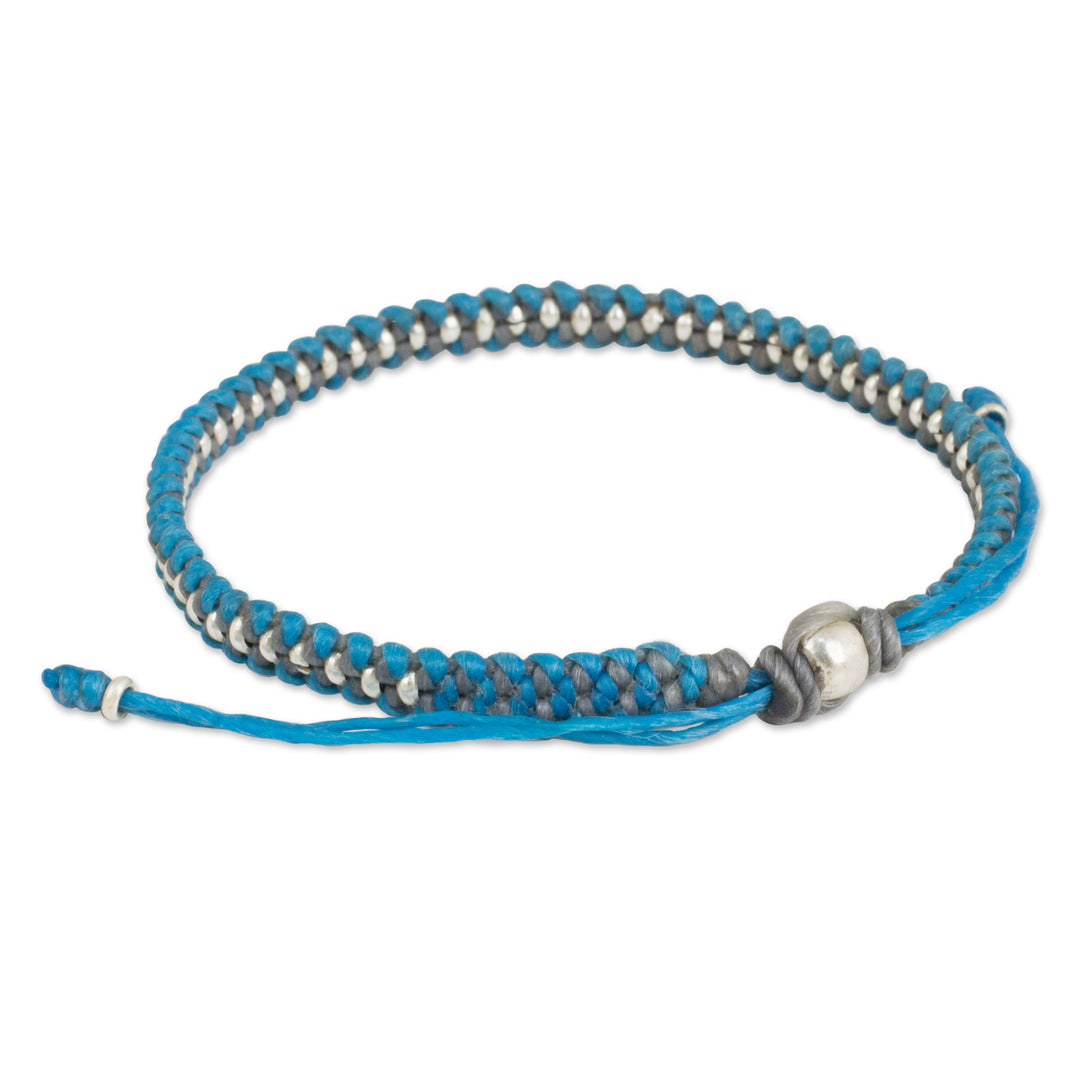 Hand Knotted Macrame Bracelet with Hill Tribe Silver Beads - Blue Grey Progression