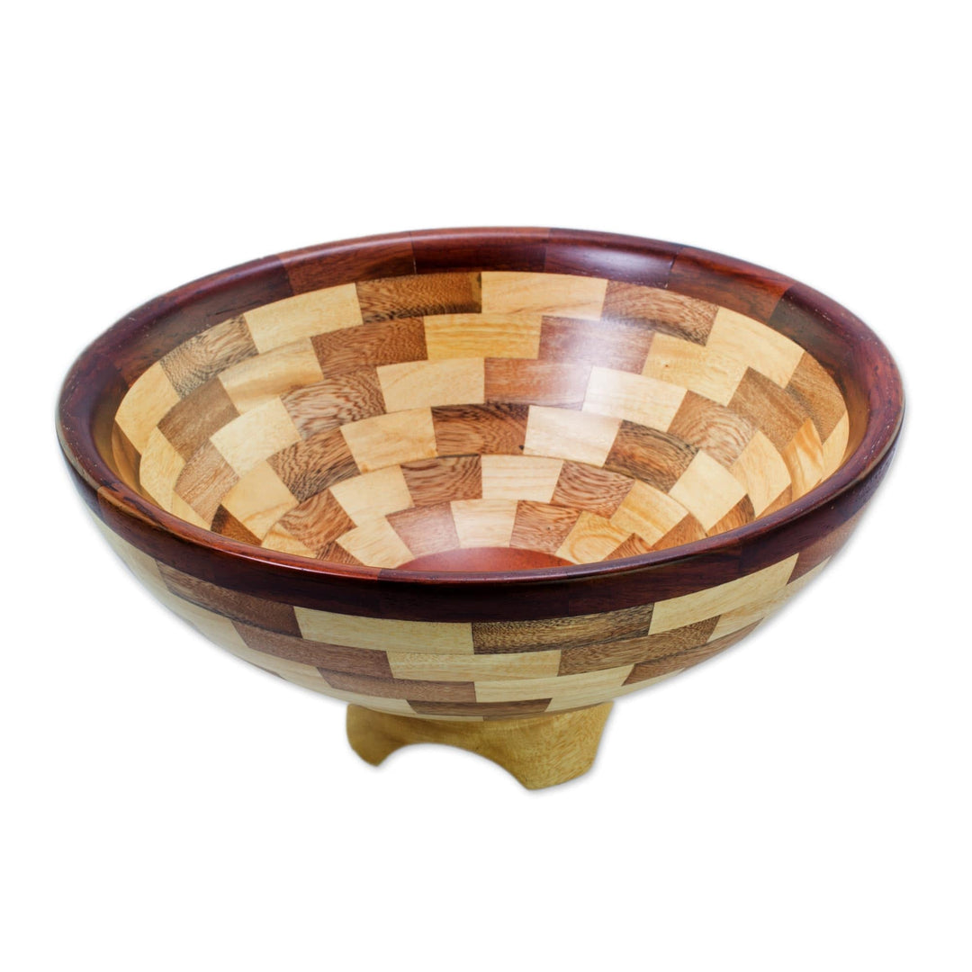Artisan Crafted Natural Wood Fruit Bowl from Guatemala - Tikal Geometry