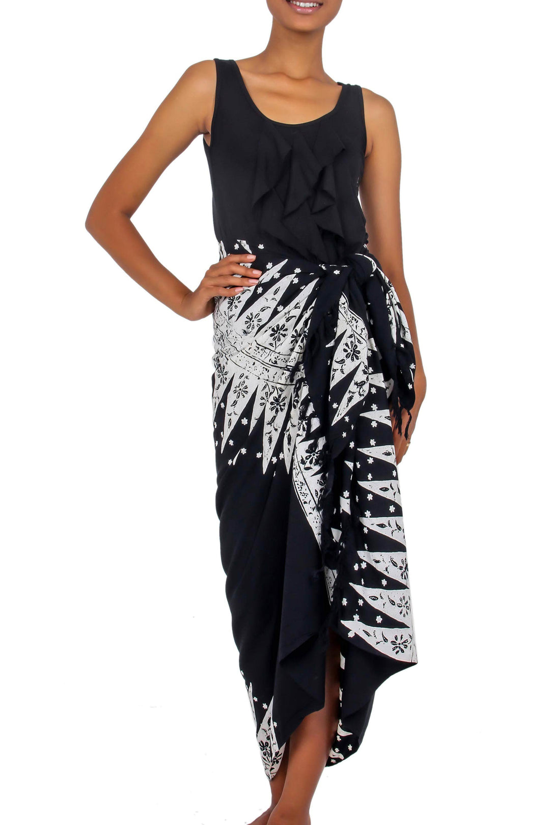 Black and White Hand Stamped Batik Rayon Sarong - Blossoming Milkyway