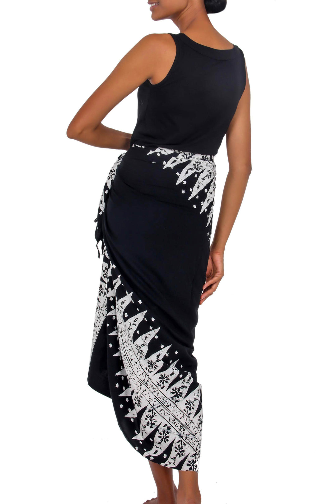 Black and White Hand Stamped Batik Rayon Sarong - Blossoming Milkyway