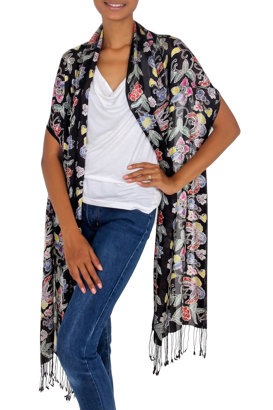 Balinese Black Silk Hand Stamped Floral Batik Shawl - Night in the Garden