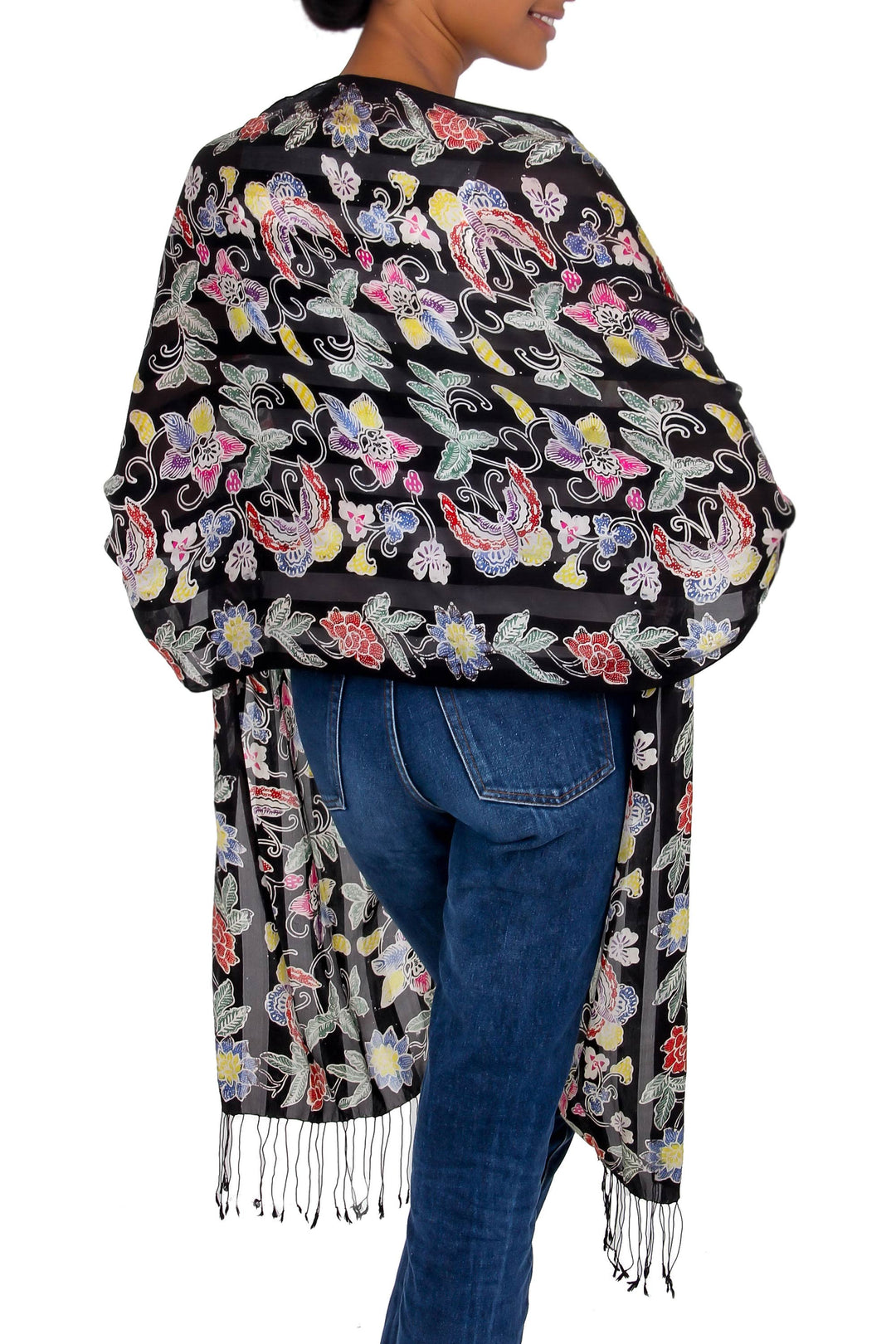 Balinese Black Silk Hand Stamped Floral Batik Shawl - Night in the Garden