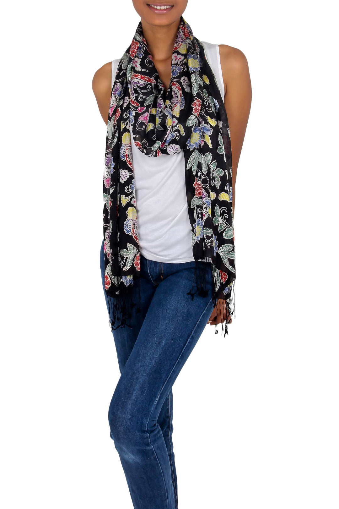 Balinese Black Silk Hand Stamped Floral Batik Shawl - Night in the Garden