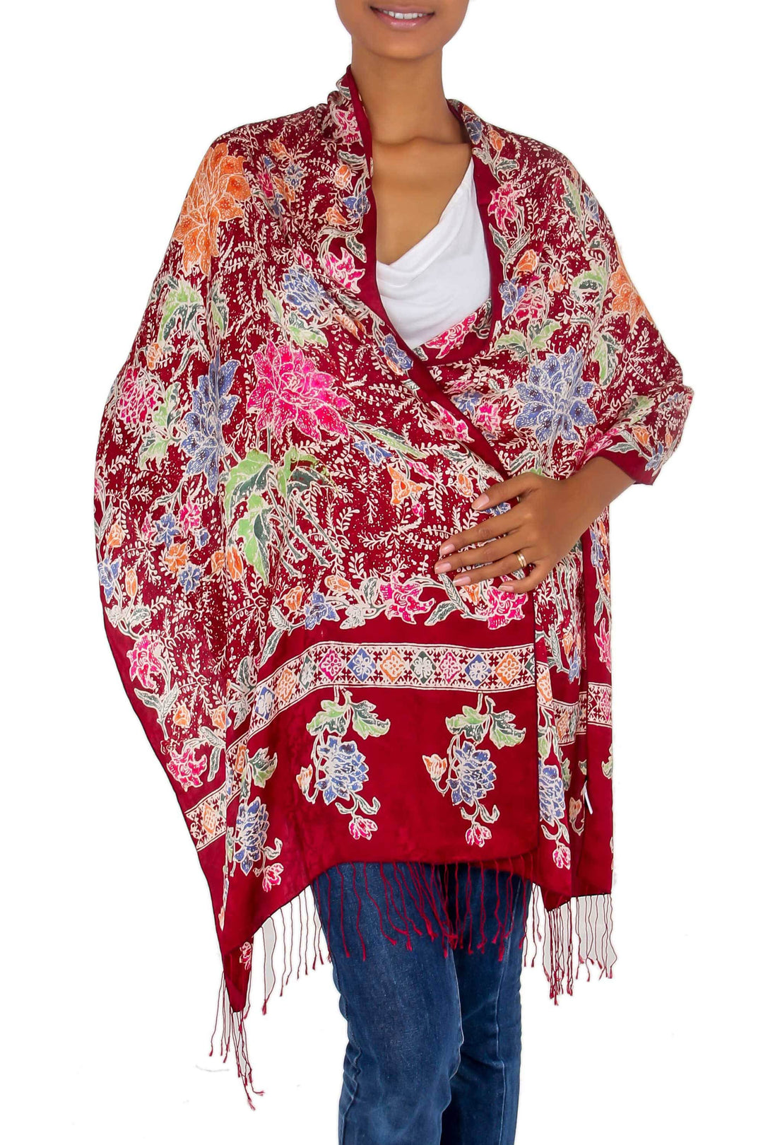 Multicolored Batik Flowers Hand Stamped on a Silk Shawl - Blossoming Opulence