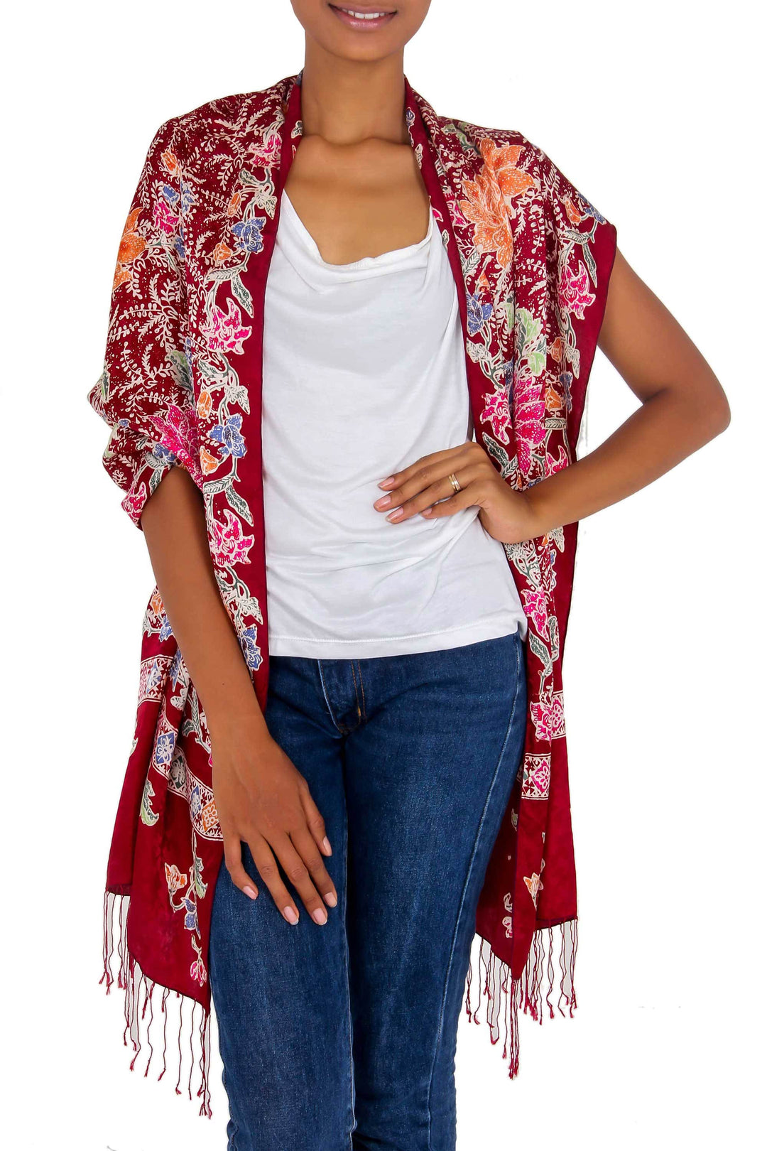 Multicolored Batik Flowers Hand Stamped on a Silk Shawl - Blossoming Opulence