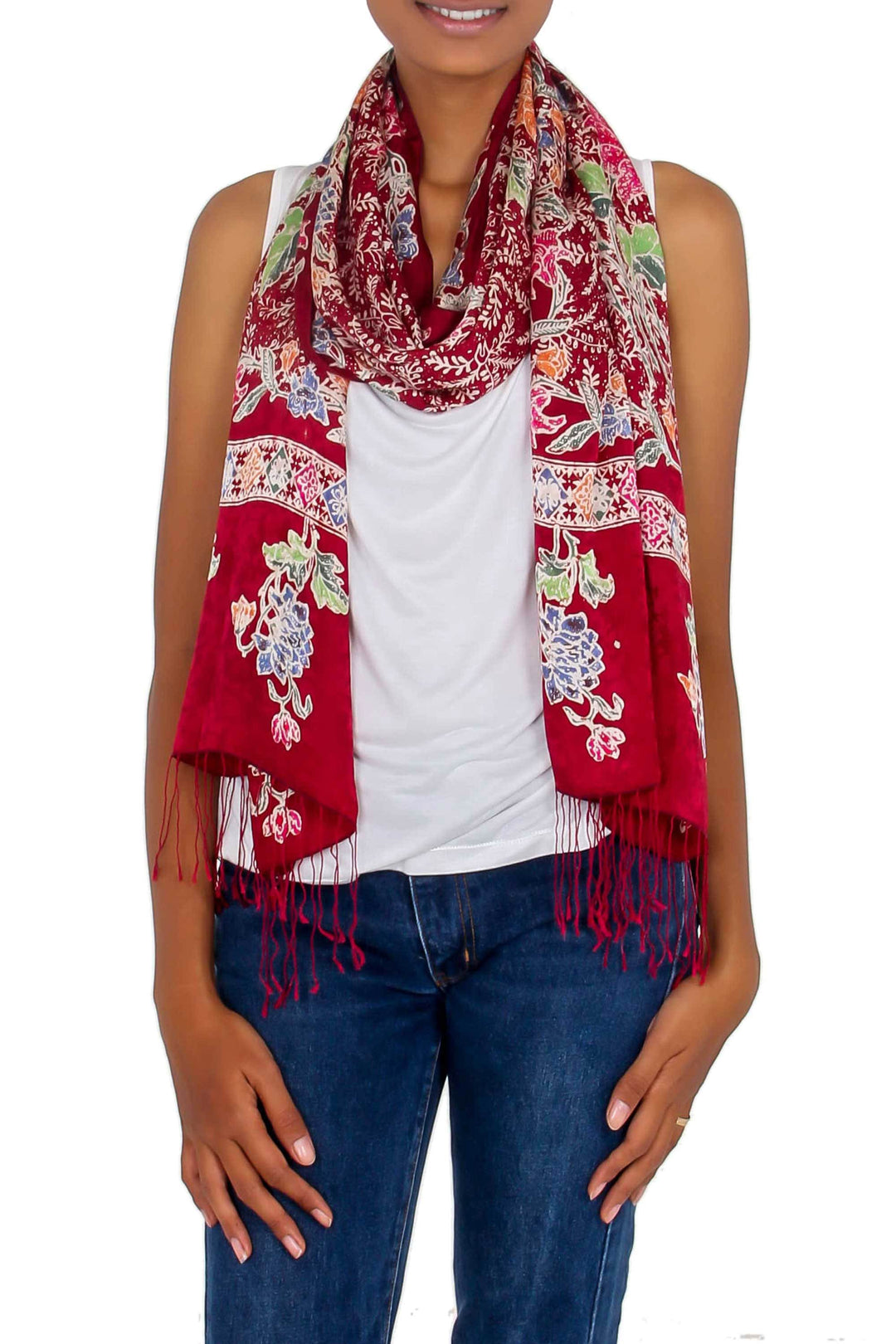 Multicolored Batik Flowers Hand Stamped on a Silk Shawl - Blossoming Opulence