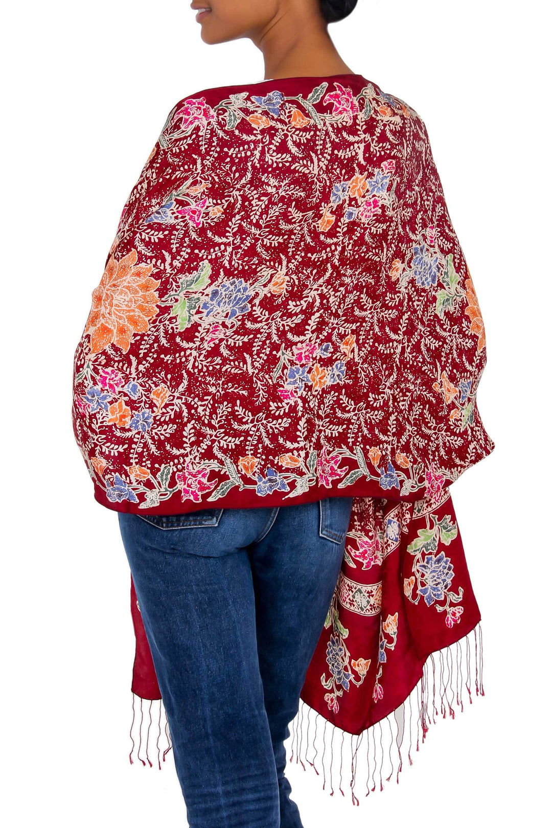 Multicolored Batik Flowers Hand Stamped on a Silk Shawl - Blossoming Opulence