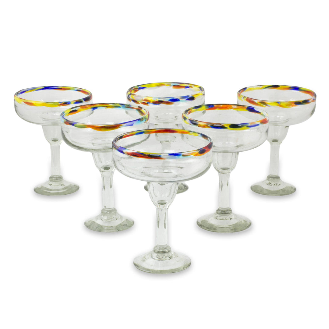 Set of 6 Artisan Crafted Blown Glass Margarita Glasses - Confetti Rim