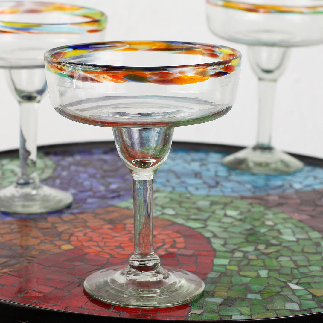 Set of 6 Artisan Crafted Blown Glass Margarita Glasses - Confetti Rim